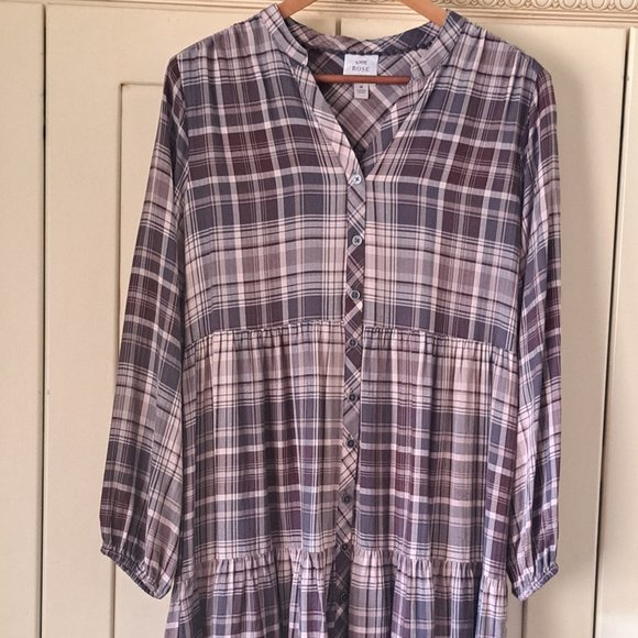 Knox Rose women's long sleeve tiered plaid dress Sz Med - Picture 1 of 8